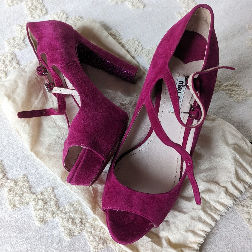Miu Miu Suede Glitter Peep-Toe Pumps Purple/Fuchsia